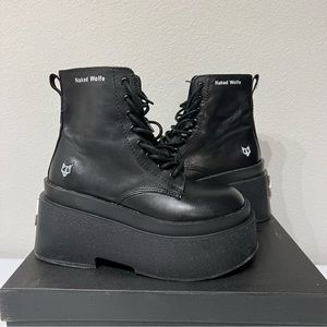 naked wolfe saturn black leather platform combat boots | size 5 (35 eu)